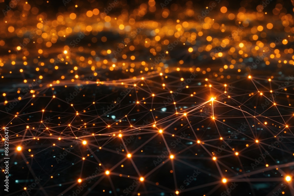 Poster abstract glowing network with orange nodes and lines on dark background. depicting advanced technolo