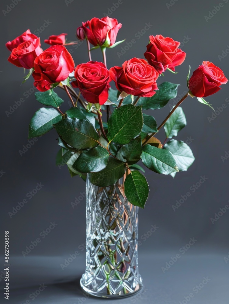 Poster a vase of red roses sits on a table. the roses are in full bloom and are arranged in a way that make