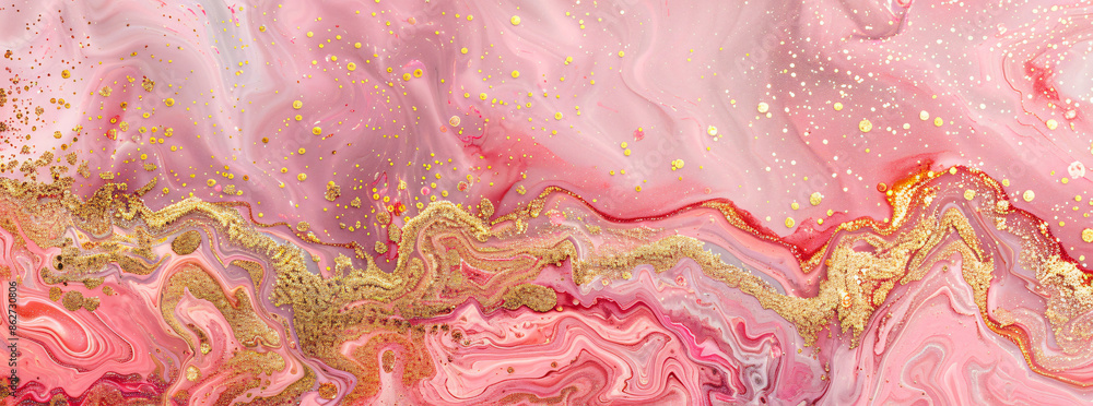 Poster a beautiful abstract background of pink and red marble texture with glittery swirling patterns and s