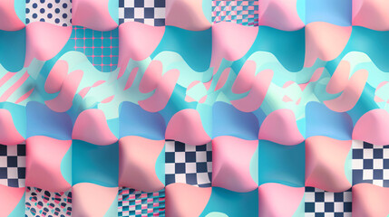 Fototapeta premium A minimalist Memphis checkerboard pattern, Use organic, teardrop shapes in contrasting pastel hues. Scatter a few playful geometric doodles in neon colors across the board.