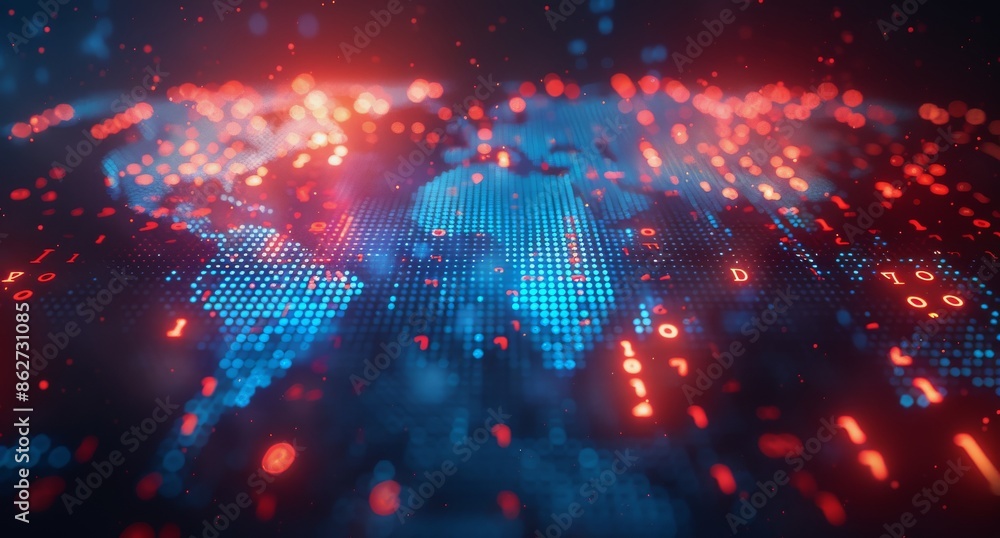 Poster digital world map with red and blue data points