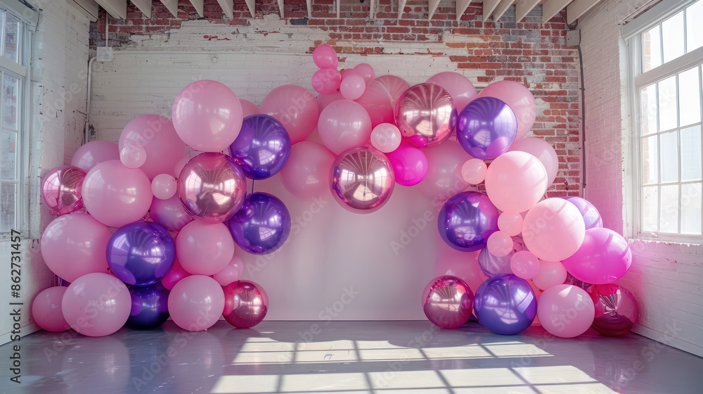 Poster a room with pink and purple balloons and a white wall. the balloons are arranged in a way that creat