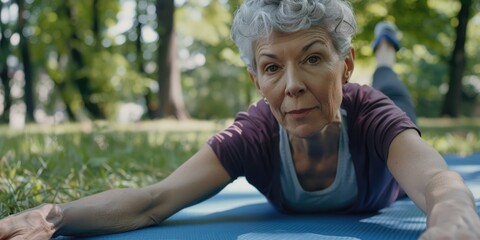 A woman is laying on a mat in a park. She is smiling and she is enjoying herself