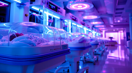 Neonatal Intensive Care Unit with Incubators. Neonatal intensive care unit with multiple incubators under blue and purple lighting, highlighting advanced medical care for newborns.