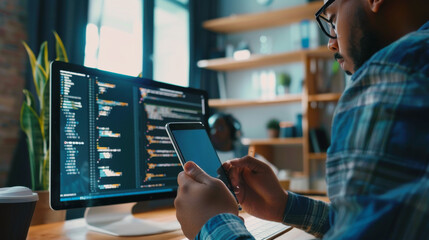 Programmer Developing Code on Multiple Screens. A focused programmer working on a tablet and desktop monitor, developing code in a modern office setting, showcasing a tech-driven workspace.