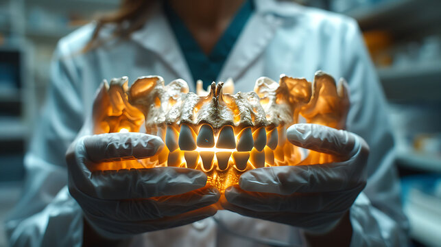 Closeup of doctor hand in gloves holding a glowing wooden clavicle model showing the sternal and acromial ends