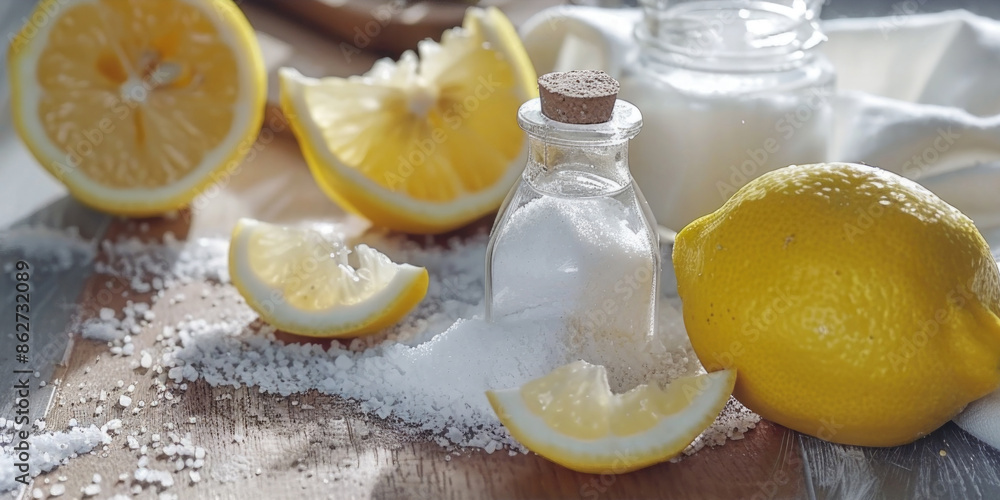 Poster a jar of sugar is on a table with a lemon and a slice of lemon