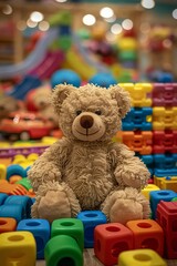 A soft teddy bear sits amidst a collection of vibrant childrens toys, suggesting a playful and nurturing environment