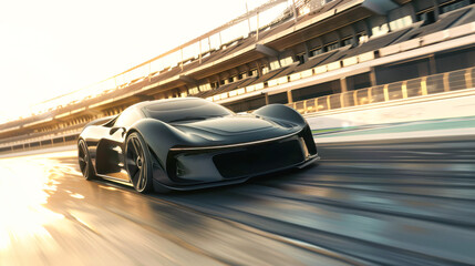 Obraz premium Sleek Black Sports Car on Race Track. A sleek black sports car speeding on a race track, highlighting performance, speed, and advanced automotive design in a dynamic setting.