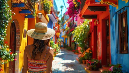 Naklejka premium A woman in a sunhat walking down a colorful, flowerlined street