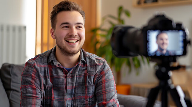 Smiling Man Being Interviewed on Camera. Cheerful man in a casual shirt sitting for an on-camera interview in a cozy room, giving a sense of approachability and openness.