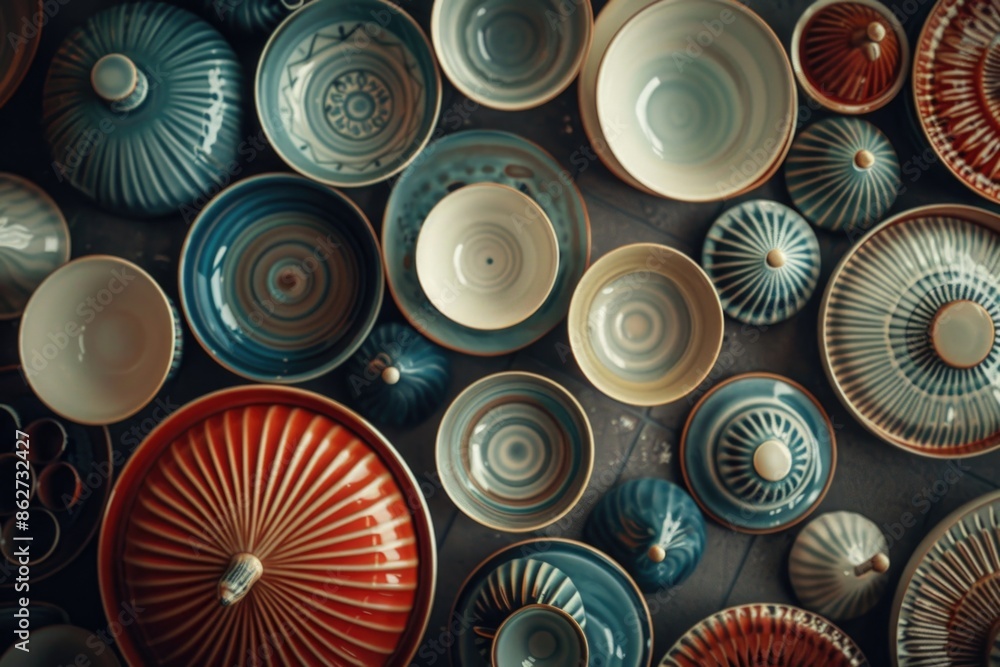 Poster a collection of colorful bowls and plates arranged in a pattern. the bowls and plates are of various