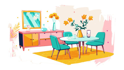 Fototapeta premium Colorful Retro Dining Room Interior with Vibrant Furniture