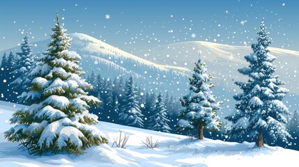 Fototapeta premium A snowy mountain landscape with three pine trees covered in snow. The scene is peaceful and serene, with the snow covering the ground and trees, creating a beautiful winter wonderland