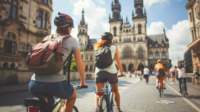 Cyclists Exploring Historic City. Two cyclists ride through a historic city, admiring the architecture and bustling atmosphere, with a prominent landmark in the background.