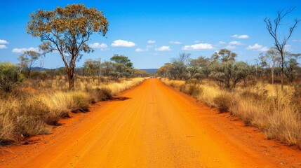 Serene outback road under blue sky and sunny desert landscape