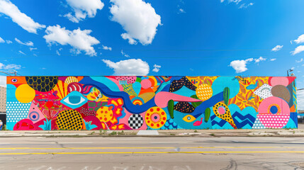 Fototapeta premium Vibrant Urban Mural on a Sunny Day. A large, colorful mural adorns a city wall under a bright blue sky with fluffy clouds, showcasing modern street art and vibrant creativity.