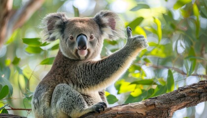 Obraz premium Close-Up Portrait of a Cheerful Koala with a Friendly Gesture in Lush Greenery