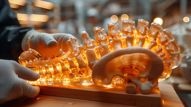 Closeup of doctor hand in gloves holding a glowing wooden scapula model highlighting the spine and coracoid process
