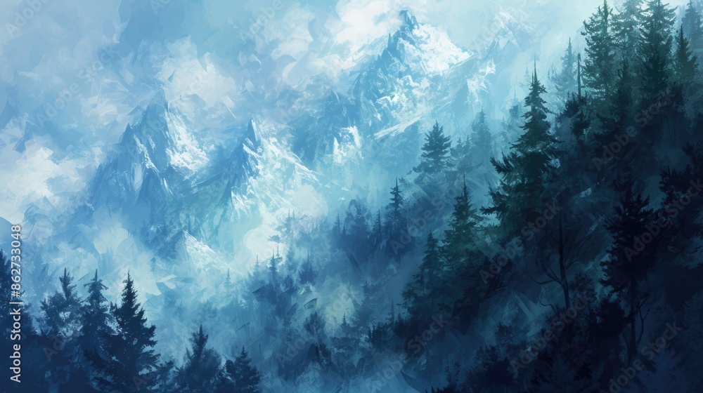 Poster a painting of a mountain range with trees and a sky. the painting has a serene and peaceful mood, wi