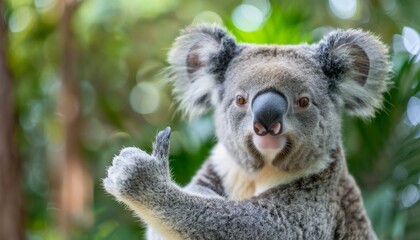 Naklejka premium Close-Up Portrait of a Cheerful Koala with a Friendly Gesture in Lush Greenery