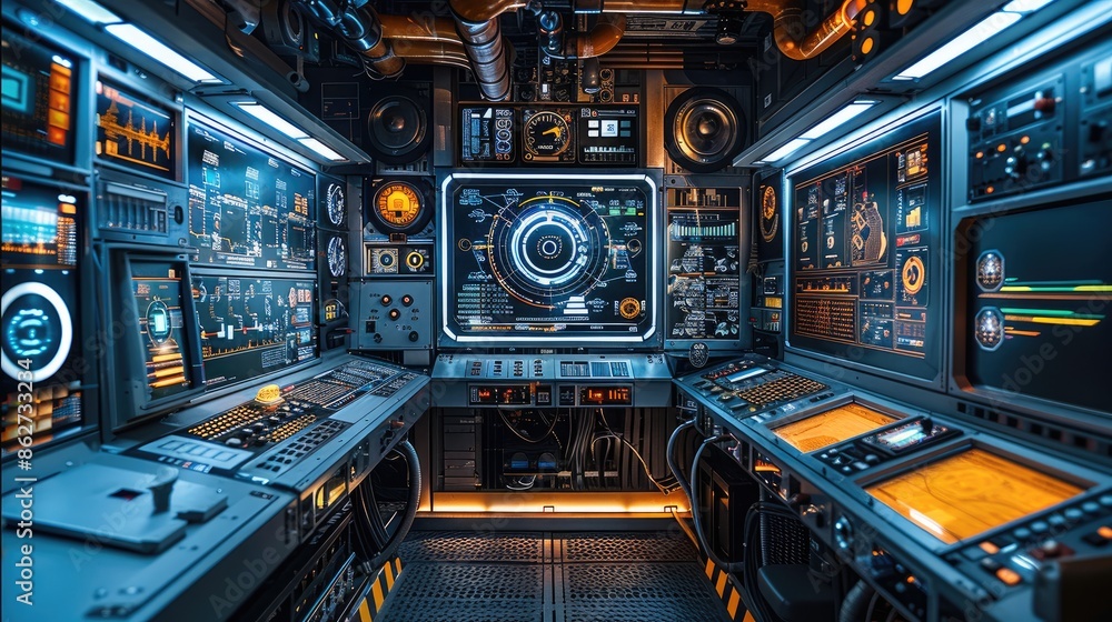 Poster the engineer workspace is filled with advanced machinery and control panels, demonstrating the metic