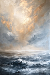 Naklejka premium Canvas poster: sea and sky in gray-golden and blue tones in wallpaper style