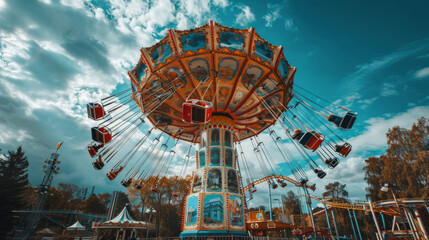 A fun and exciting theme park with different rides and attractions, set against a beautiful landscape.