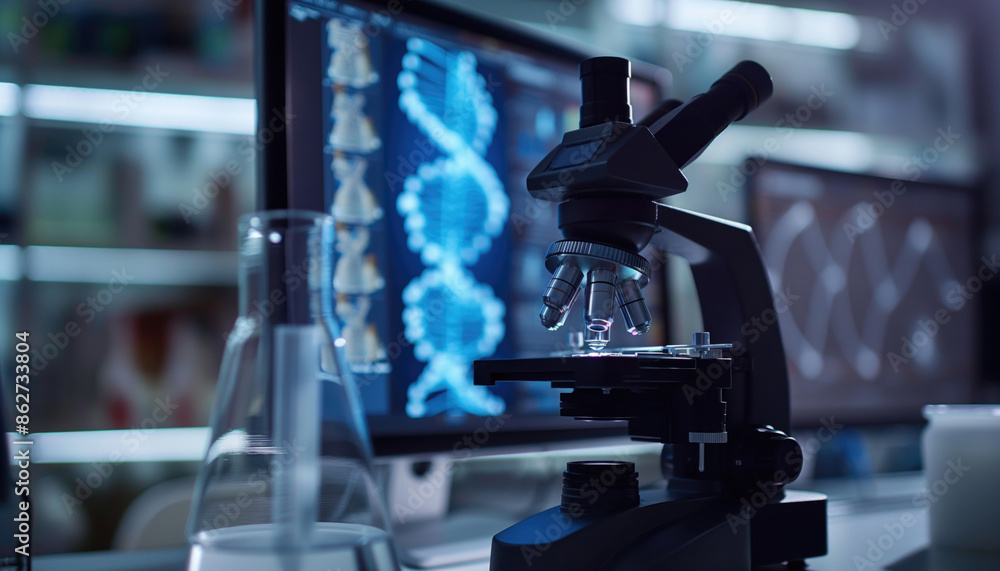 Poster high tech laboratory with microscope and dna analysis on computer screens.