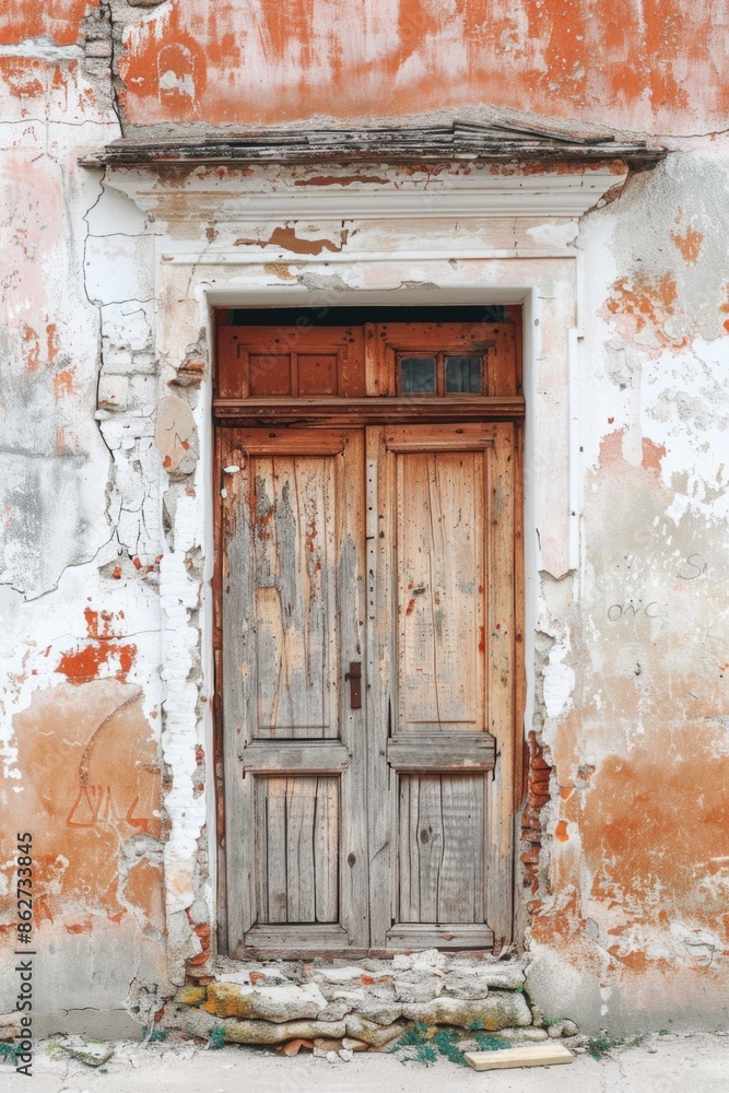 Poster a door with a wooden frame is open and has a rusty hinge. the door is in front of a wall that is cov