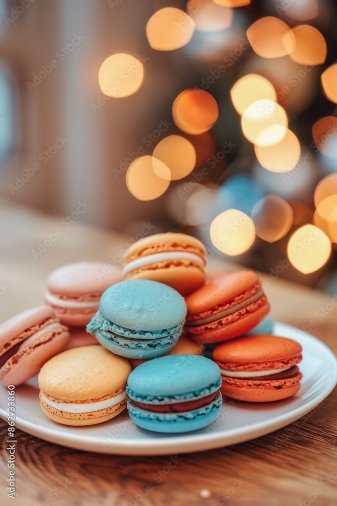 Poster a plate of assorted colored macarons sits on a wooden table. the macarons are arranged in a neat sta