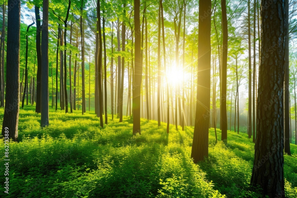 Poster a forest with trees and grass in the foreground and a sun in the background. the sun is shining thro