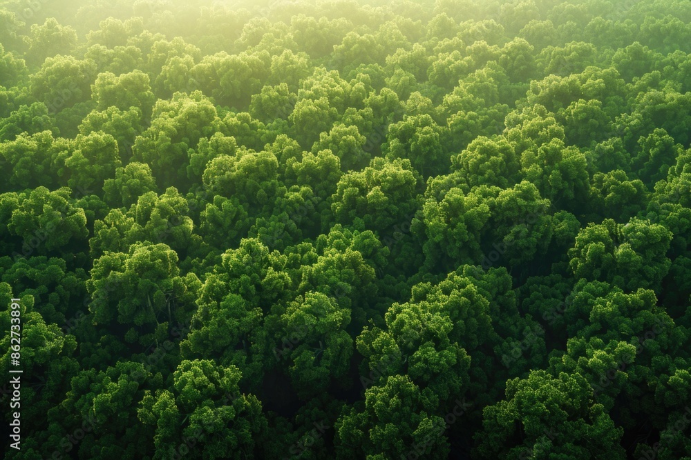 Aufkleber a lush green forest with trees of various sizes. the trees are densely packed, creating a sense of d