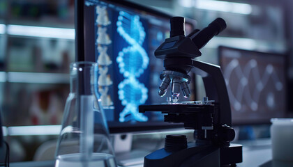 High Tech Laboratory with Microscope and DNA Analysis on Computer Screens.