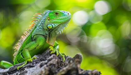 Fototapeta premium Detailed Close-Up of a Vibrant Green Iguana Perched on a Tree Branch