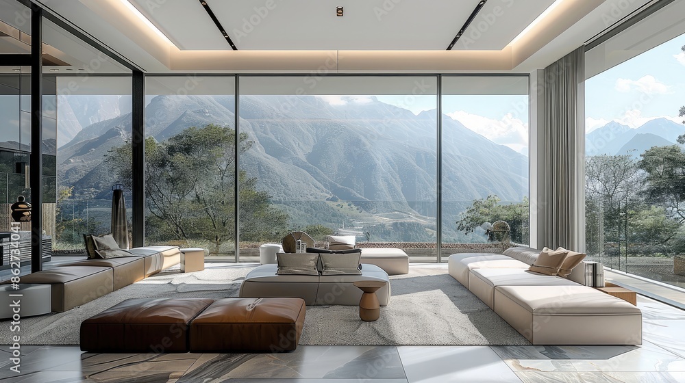 Wall mural large living room, indoor minimalist style, floor-to-ceiling windows, outside the floor-to-ceiling w