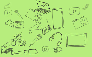 abstract scribbled sketch of several multimedia electronic technology equipment icons on a green background