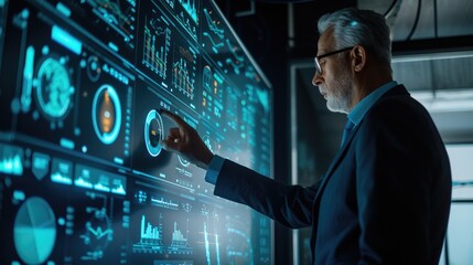 A senior data analyst focuses on interpreting complex data visualizations displayed on high-tech digital screens. AIG41