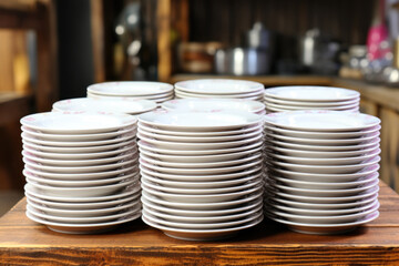 Stacked White Plates on Wooden Table