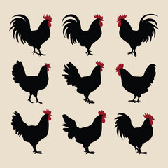 Rooster Chicken Silhouette Vector, Hen Silhouette Clip Art In Different Poses
