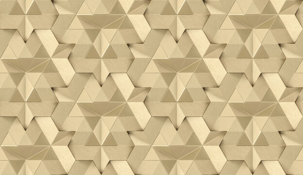 Seamless geometric pattern with golden 3D stars