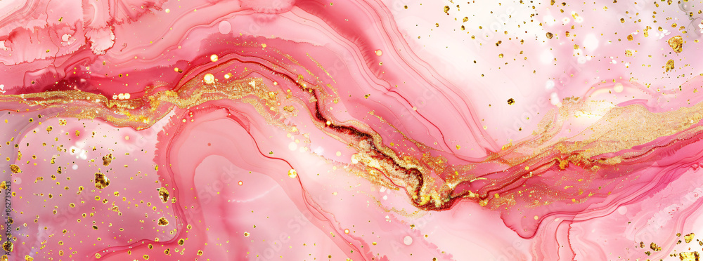Poster a beautiful abstract background of pink and red marble texture with glittery swirling patterns and s