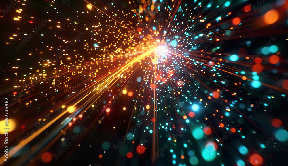 Poster Vibrant abstract multicolored light streaks and particles dancing in a captivating display of color and movement