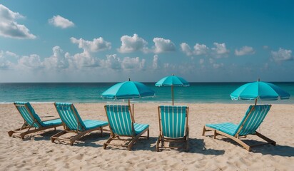 Obraz premium Blue beach chairs with umbrellas in bright sunshine