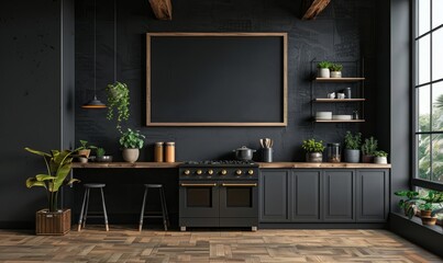 Modern kitchen with a blank chalkboard on the wall