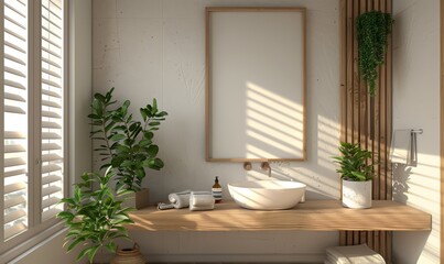 Fototapeta premium Serene bathroom with an empty frame above the sink
