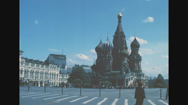 Moscow, Russia - 1985: Red Square with Saint Basil's Cathedral. Archival of Moscow in Russia in 1980s.