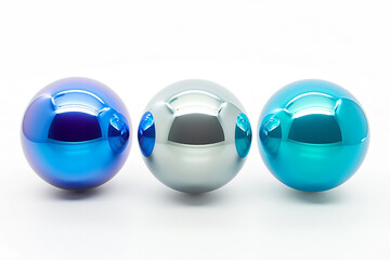 Three luminous, royal blue, turquoise, and silver balls with sleek, smooth finishes, centrally positioned against a pristine white background.