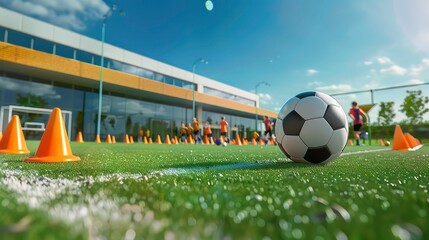 Training children in a Soccer academy with a grass field cones for practice and a soccer ball. Generative AI