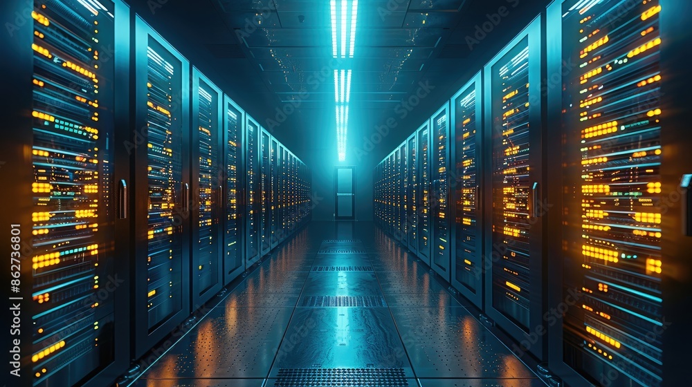 Leinwandbilder servers in the modern data center, in the style of dark cyan and light amber. generative ai.